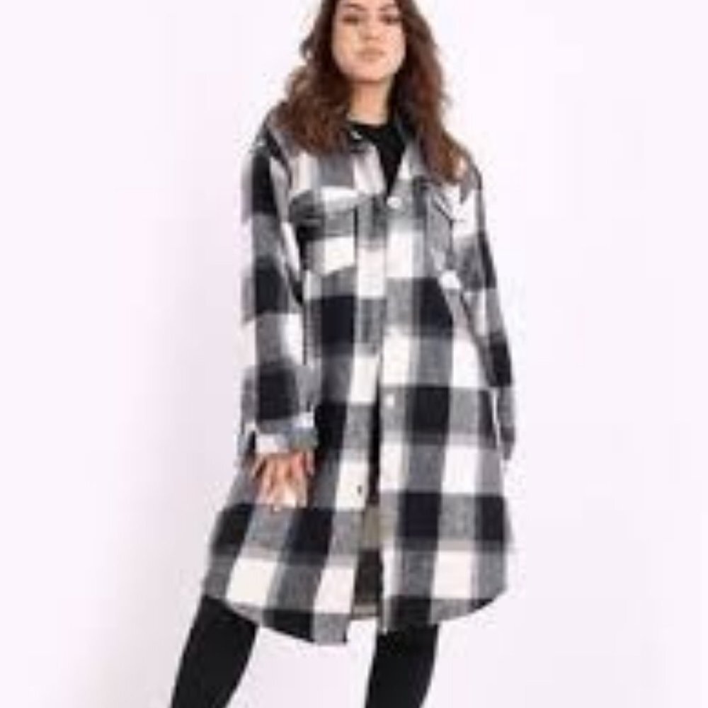 New HYFVE Black & White Plaid Flannel Midi Shacket Shirt Dress L